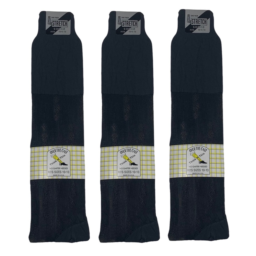 Lot of 3 Vintage 1960’s Black Men’s Over the Calf Tall Thin Sheer Dress Socks